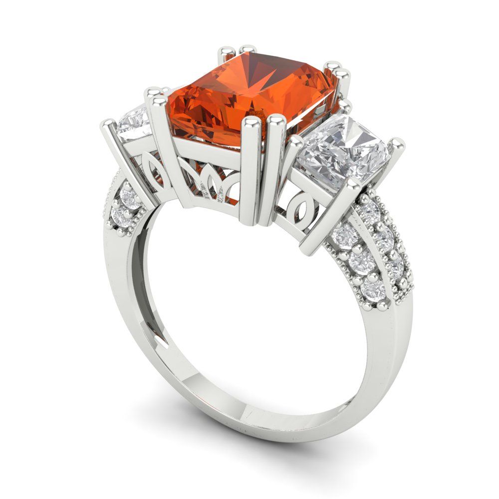 4.27 cttw Zirconia Simulated Red Diamond Three-Stone Engagement Ring - Solid Gold (VVS1, Emerald Cut,9x7mm)