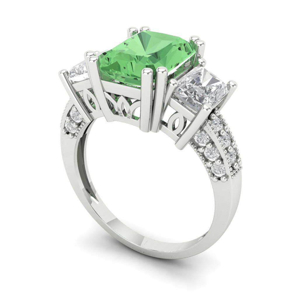 4.27 cttw Zirconia Simulated Green Diamond Three-Stone Engagement Ring - Solid Gold (VVS1, Emerald Cut,9x7mm)