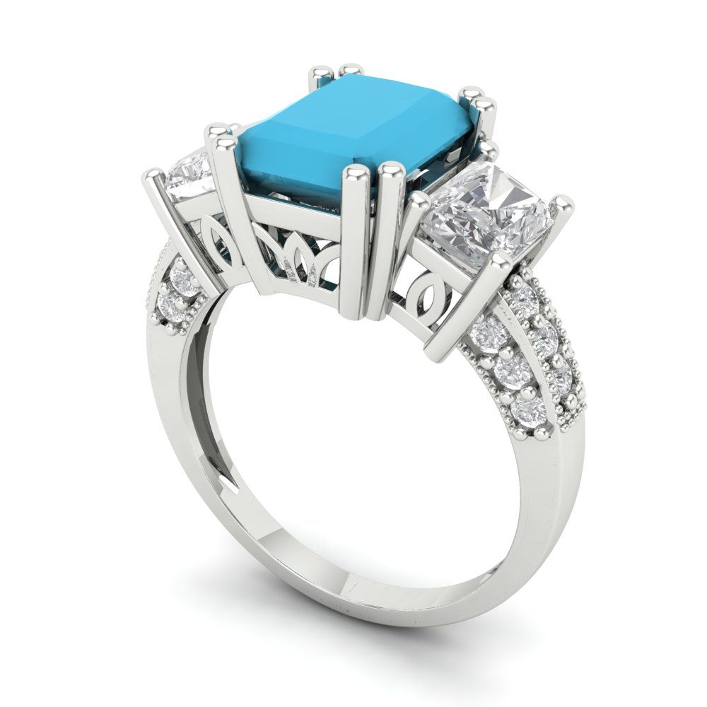 4.27 cttw Simulated Turquoise Three-Stone Engagement Ring - Solid Gold (Emerald Cut,9x7mm)
