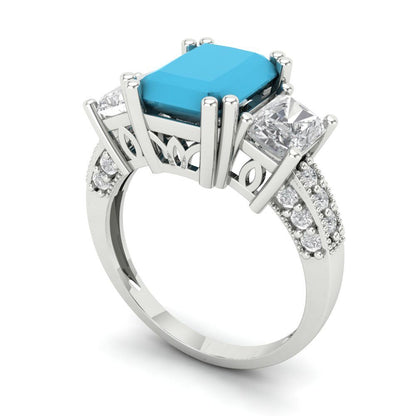 4.27 cttw Simulated Turquoise Three-Stone Engagement Ring - Solid Gold (Emerald Cut,9x7mm)