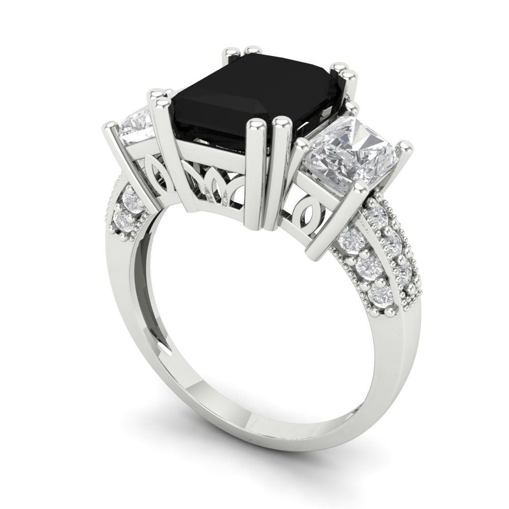 4.27 cttw Natural Onyx Three-Stone Engagement Ring - Solid Gold (Emerald Cut,9x7mm)