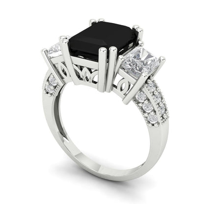4.27 cttw Natural Onyx Three-Stone Engagement Ring - Solid Gold (Emerald Cut,9x7mm)