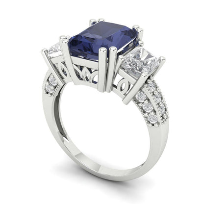 4.27 cttw Simulated Blue Sapphire Three-Stone Engagement Ring - Solid Gold (Emerald Cut,9x7mm)