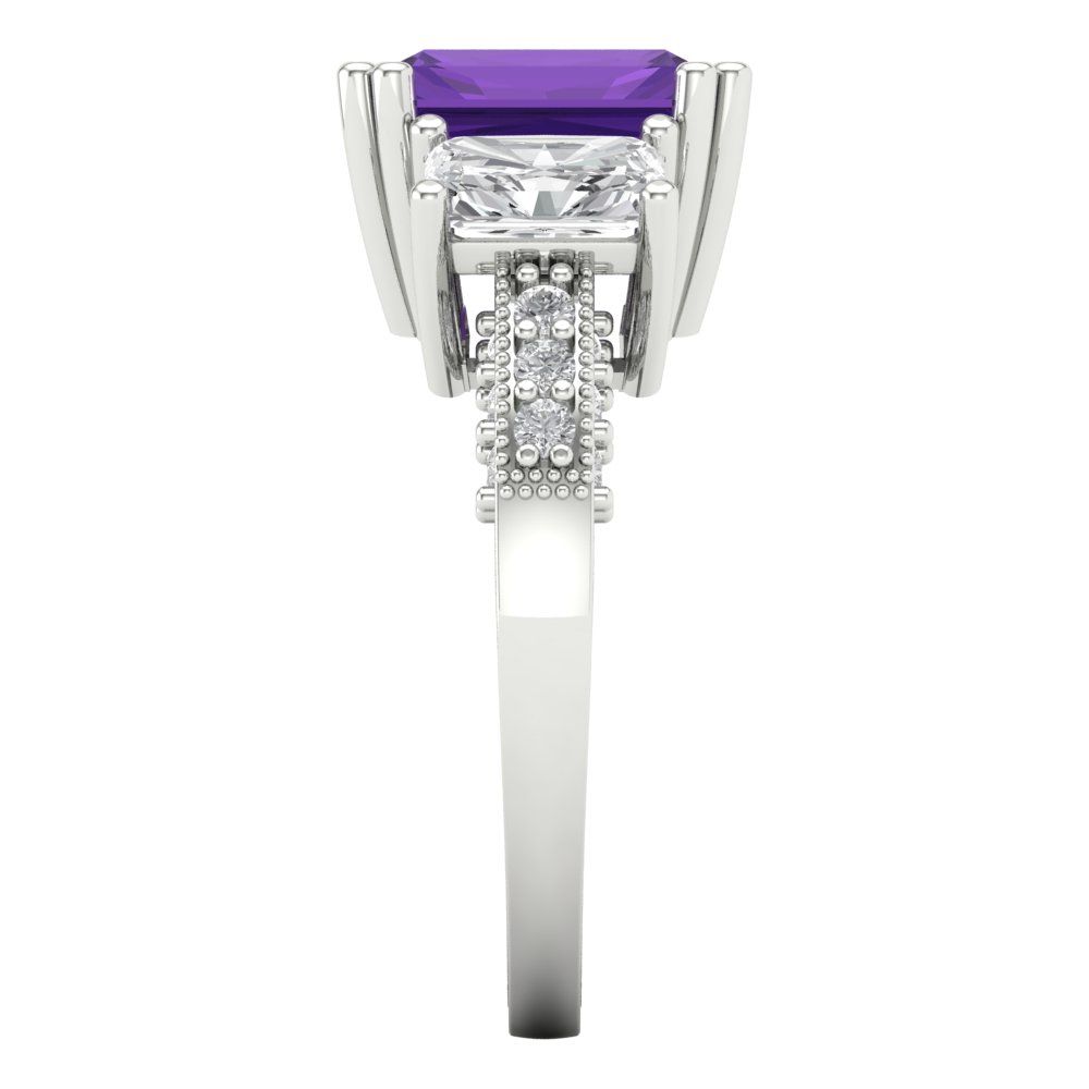 4.27 cttw Natural Amethyst Three-Stone Engagement Ring - Solid Gold (Emerald Cut,9x7mm)