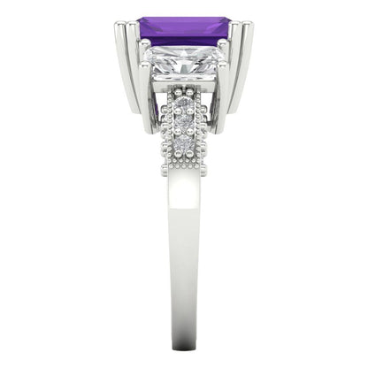 4.27 cttw Natural Amethyst Three-Stone Engagement Ring - Solid Gold (Emerald Cut,9x7mm)