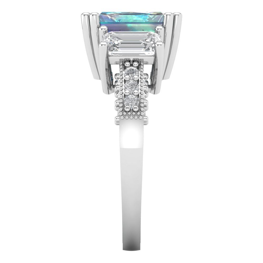 4.27 cttw Blue Moissanite Three-Stone Engagement Ring - Solid Gold (Emerald Cut,9x7mm)