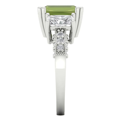 4.27 cttw Natural Peridot Three-Stone Engagement Ring - Solid Gold (Emerald Cut,9x7mm)