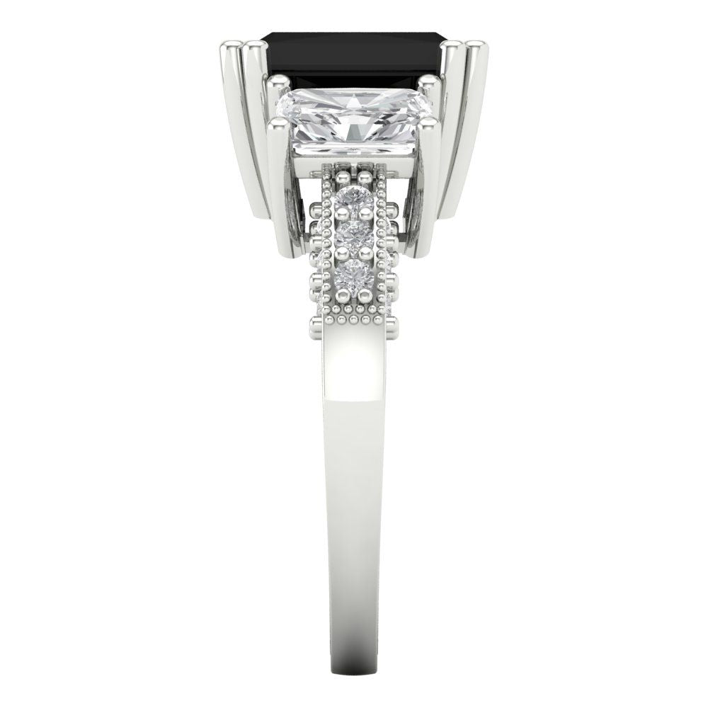 4.27 cttw Natural Onyx Three-Stone Engagement Ring - Solid Gold (Emerald Cut,9x7mm)