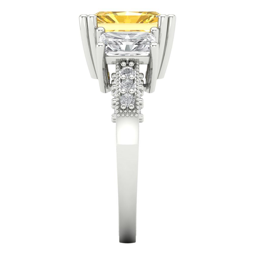 4.27 cttw Zirconia Simulated Yellow Diamond Three-Stone Engagement Ring - Solid Gold (VVS1, Emerald Cut,9x7mm)