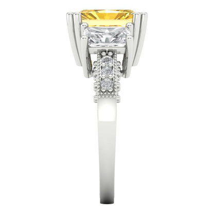 4.27 cttw Zirconia Simulated Yellow Diamond Three-Stone Engagement Ring - Solid Gold (VVS1, Emerald Cut,9x7mm)