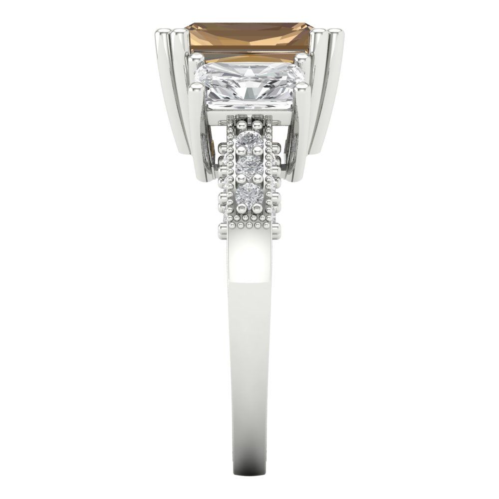 4.27 cttw Zirconia Simulated Champagne Diamond Three-Stone Engagement Ring - Solid Gold (VVS1, Emerald Cut,9x7mm)