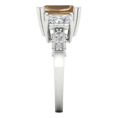 4.27 cttw Zirconia Simulated Champagne Diamond Three-Stone Engagement Ring - Solid Gold (VVS1, Emerald Cut,9x7mm)