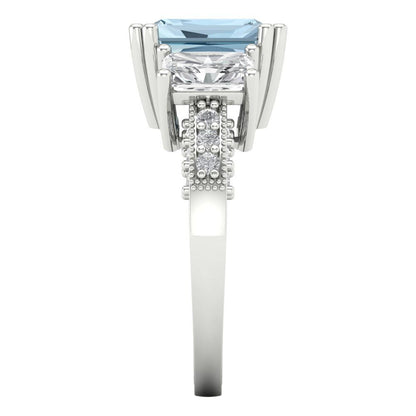 4.27 cttw Zirconia Simulated Blue Diamond Three-Stone Engagement Ring - Solid Gold (VVS1, Emerald Cut,9x7mm)