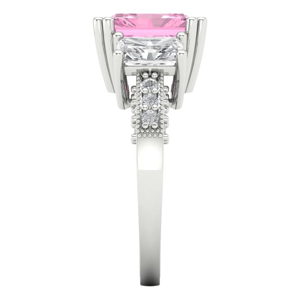 4.27 cttw Zirconia Simulated Pink Diamond Three-Stone Engagement Ring - Solid Gold (VVS1, Emerald Cut,9x7mm)