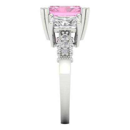4.27 cttw Zirconia Simulated Pink Diamond Three-Stone Engagement Ring - Solid Gold (VVS1, Emerald Cut,9x7mm)