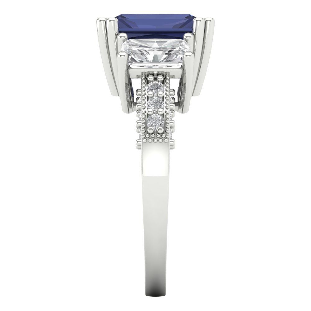 4.27 cttw Simulated Blue Sapphire Three-Stone Engagement Ring - Solid Gold (Emerald Cut,9x7mm)