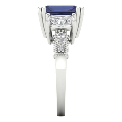 4.27 cttw Simulated Blue Sapphire Three-Stone Engagement Ring - Solid Gold (Emerald Cut,9x7mm)