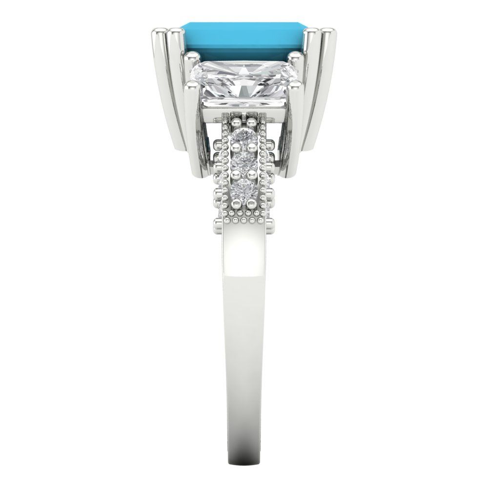 4.27 cttw Simulated Turquoise Three-Stone Engagement Ring - Solid Gold (Emerald Cut,9x7mm)