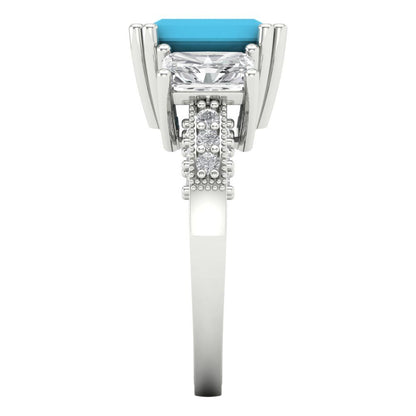 4.27 cttw Simulated Turquoise Three-Stone Engagement Ring - Solid Gold (Emerald Cut,9x7mm)