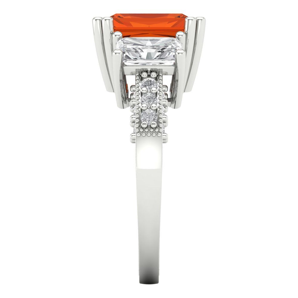 4.27 cttw Zirconia Simulated Red Diamond Three-Stone Engagement Ring - Solid Gold (VVS1, Emerald Cut,9x7mm)