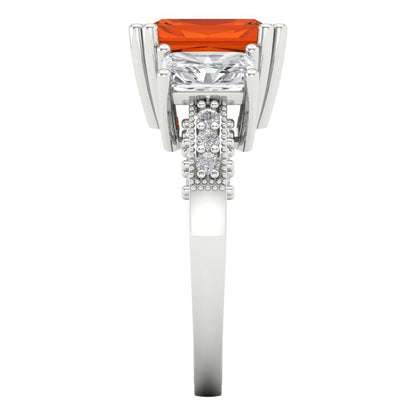 4.27 cttw Zirconia Simulated Red Diamond Three-Stone Engagement Ring - Solid Gold (VVS1, Emerald Cut,9x7mm)