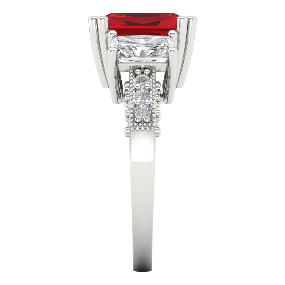 4.27 cttw Simulated Pink Tourmaline Three-Stone Engagement Ring - Solid Gold (Emerald Cut,9x7mm)