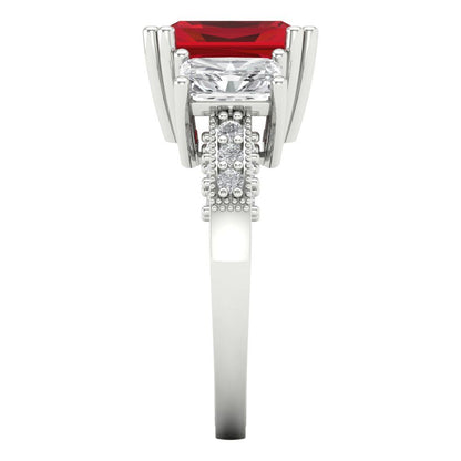 4.27 cttw Simulated Pink Tourmaline Three-Stone Engagement Ring - Solid Gold (Emerald Cut,9x7mm)