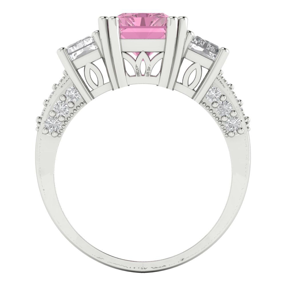 4.27 cttw Zirconia Simulated Pink Diamond Three-Stone Engagement Ring - Solid Gold (VVS1, Emerald Cut,9x7mm)