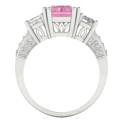 4.27 cttw Zirconia Simulated Pink Diamond Three-Stone Engagement Ring - Solid Gold (VVS1, Emerald Cut,9x7mm)