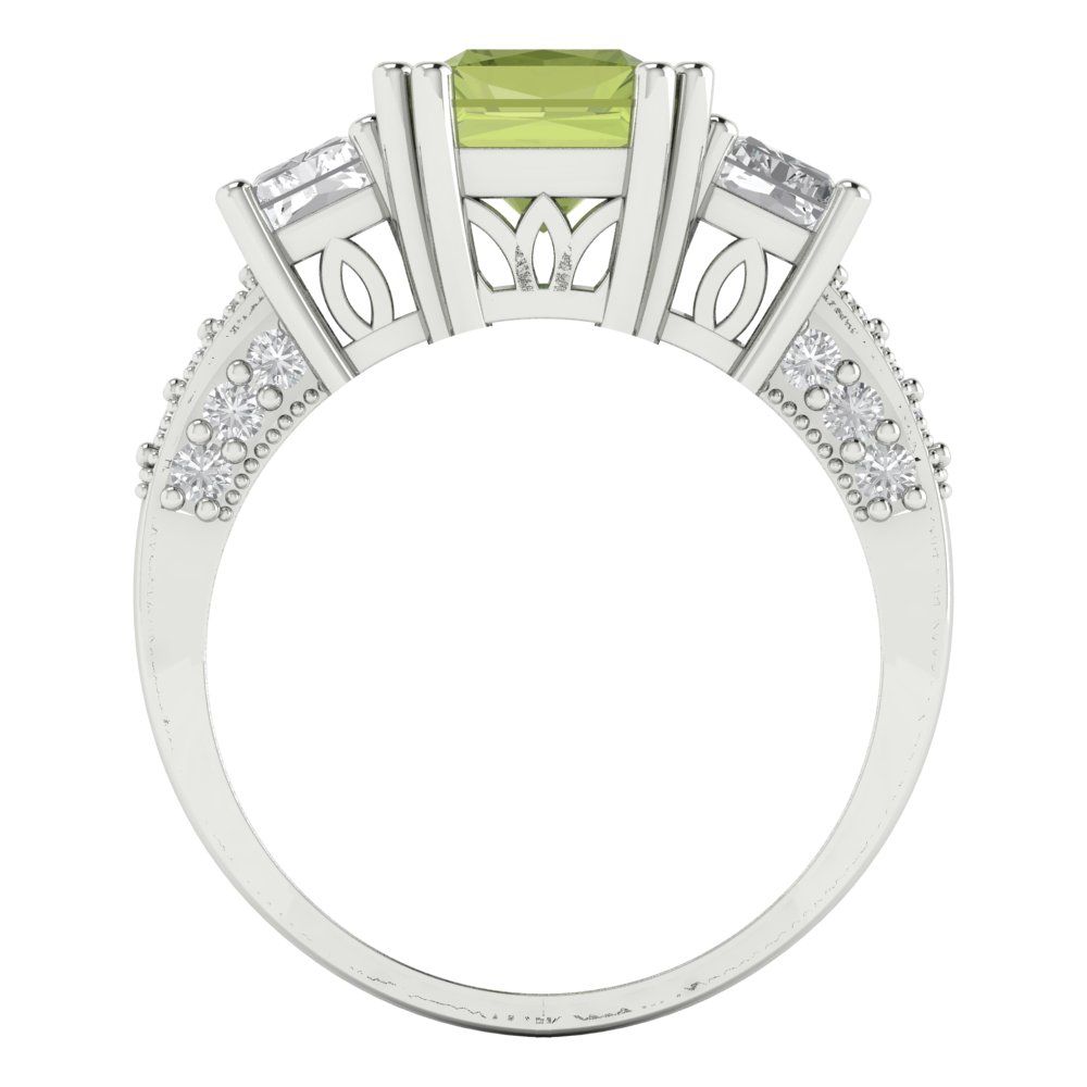 4.27 cttw Natural Peridot Three-Stone Engagement Ring - Solid Gold (Emerald Cut,9x7mm)