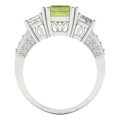 4.27 cttw Natural Peridot Three-Stone Engagement Ring - Solid Gold (Emerald Cut,9x7mm)