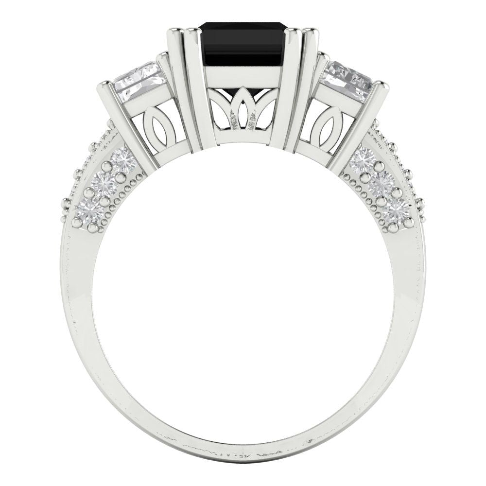 4.27 cttw Natural Onyx Three-Stone Engagement Ring - Solid Gold (Emerald Cut,9x7mm)