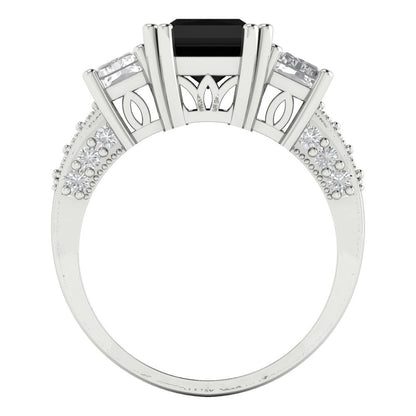 4.27 cttw Natural Onyx Three-Stone Engagement Ring - Solid Gold (Emerald Cut,9x7mm)