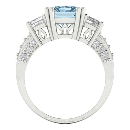 4.27 cttw Zirconia Simulated Blue Diamond Three-Stone Engagement Ring - Solid Gold (VVS1, Emerald Cut,9x7mm)