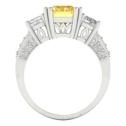 4.27 cttw Zirconia Simulated Yellow Diamond Three-Stone Engagement Ring - Solid Gold (VVS1, Emerald Cut,9x7mm)