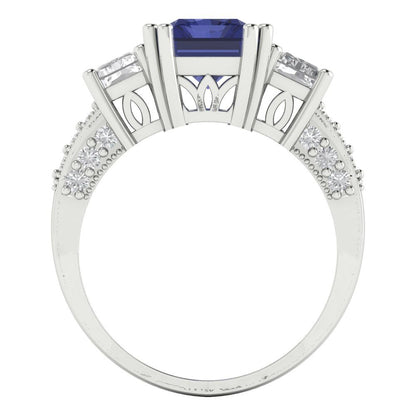4.27 cttw Simulated Tanzanite Three-Stone Engagement Ring - Solid Gold (Emerald Cut,9x7mm)
