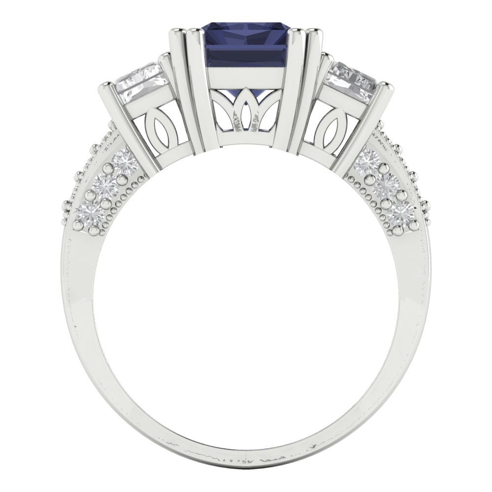 4.27 cttw Simulated Blue Sapphire Three-Stone Engagement Ring - Solid Gold (Emerald Cut,9x7mm)