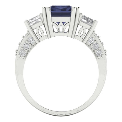 4.27 cttw Simulated Blue Sapphire Three-Stone Engagement Ring - Solid Gold (Emerald Cut,9x7mm)