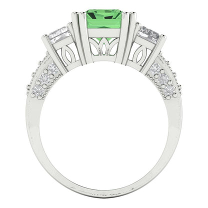 4.27 cttw Zirconia Simulated Green Diamond Three-Stone Engagement Ring - Solid Gold (VVS1, Emerald Cut,9x7mm)