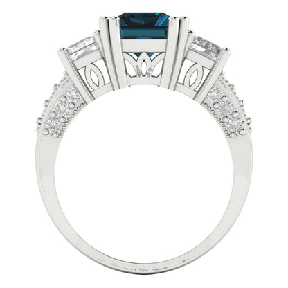 4.27 cttw Natural London Blue Topaz Three-Stone Engagement Ring - Solid Gold (Emerald Cut,9x7mm)