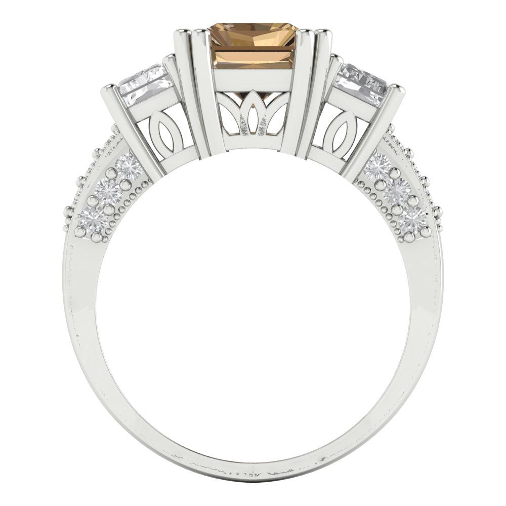 4.27 cttw Zirconia Simulated Champagne Diamond Three-Stone Engagement Ring - Solid Gold (VVS1, Emerald Cut,9x7mm)