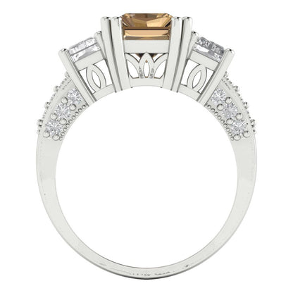 4.27 cttw Zirconia Simulated Champagne Diamond Three-Stone Engagement Ring - Solid Gold (VVS1, Emerald Cut,9x7mm)
