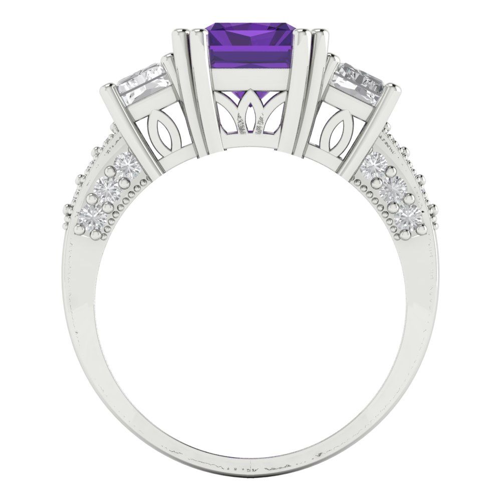 4.27 cttw Natural Amethyst Three-Stone Engagement Ring - Solid Gold (Emerald Cut,9x7mm)
