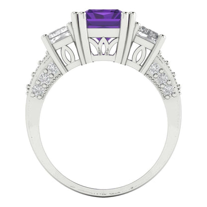 4.27 cttw Natural Amethyst Three-Stone Engagement Ring - Solid Gold (Emerald Cut,9x7mm)