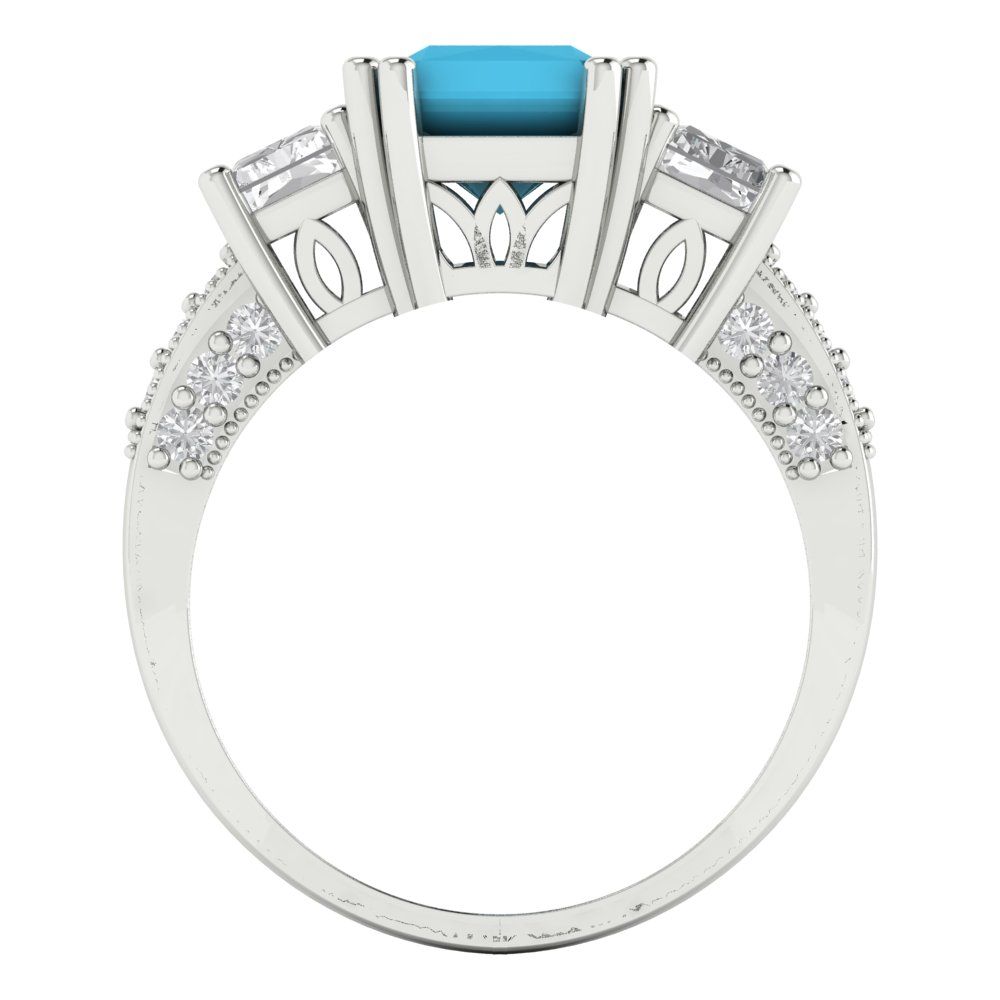 4.27 cttw Simulated Turquoise Three-Stone Engagement Ring - Solid Gold (Emerald Cut,9x7mm)