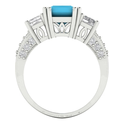4.27 cttw Simulated Turquoise Three-Stone Engagement Ring - Solid Gold (Emerald Cut,9x7mm)
