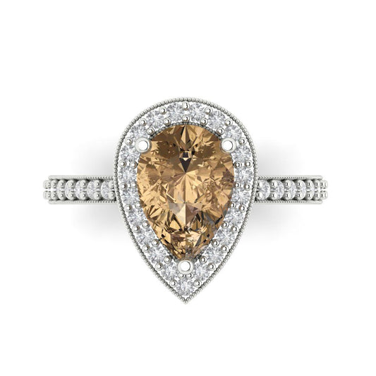 2.36 cttw Zirconia Simulated Champagne Diamond Hidden Halo Engagement Ring - Solid White Gold (VVS1, Pear Cut,10x7mm)