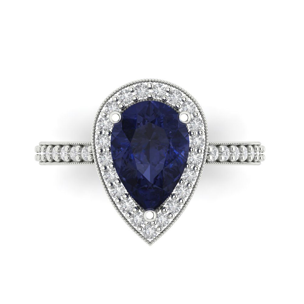 2.36 cttw Simulated Blue Sapphire Hidden Halo Engagement Ring - Solid Gold (Pear Cut,10x7mm)