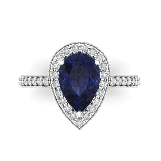 2.36 cttw Simulated Blue Sapphire Hidden Halo Engagement Ring - Solid White Gold (VVS1, Pear Cut,10x7mm)