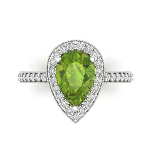 2.36 cttw Natural Peridot Hidden Halo Engagement Ring - Solid White Gold (VVS1, Pear Cut,10x7mm)